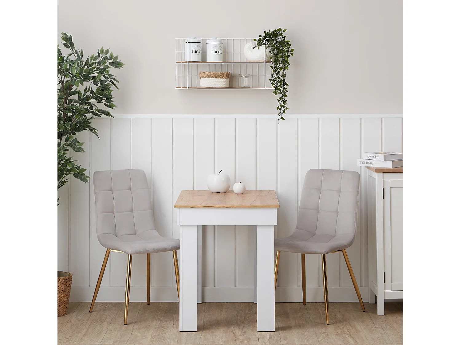 Spisebord og stole sæt, Home, 90x60x73 cm, Hvid, Creme, Brun, Guld