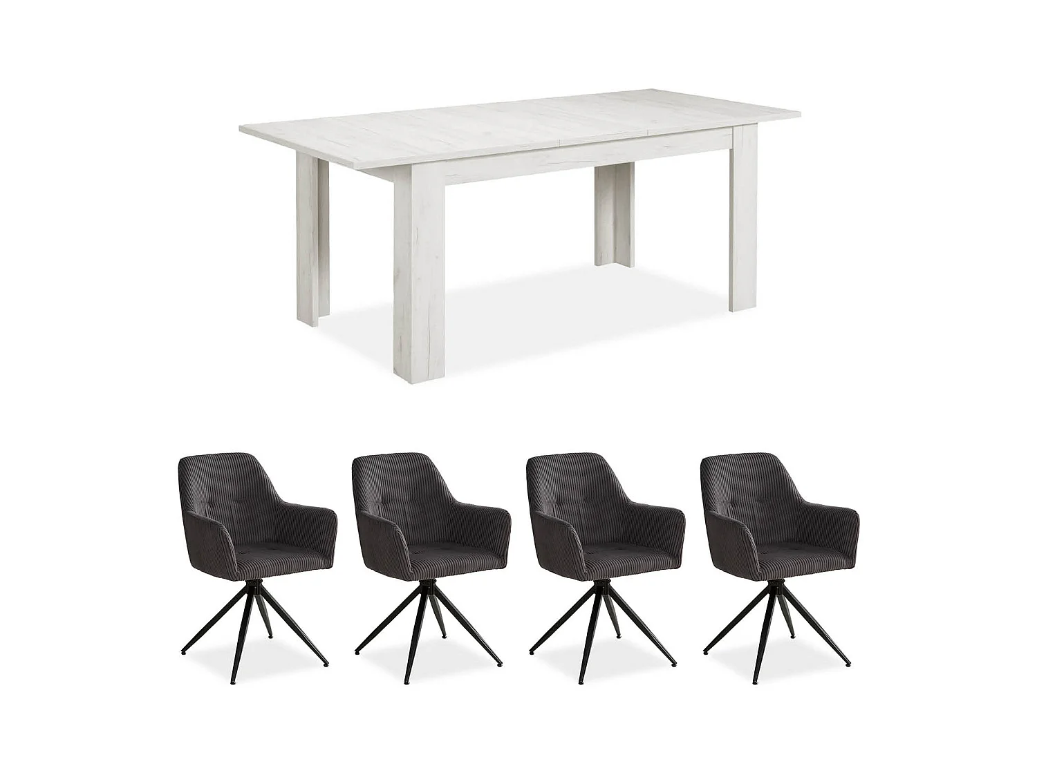 Esstisch 160x90x76 cm weiß mit 4 grauen Stühlen