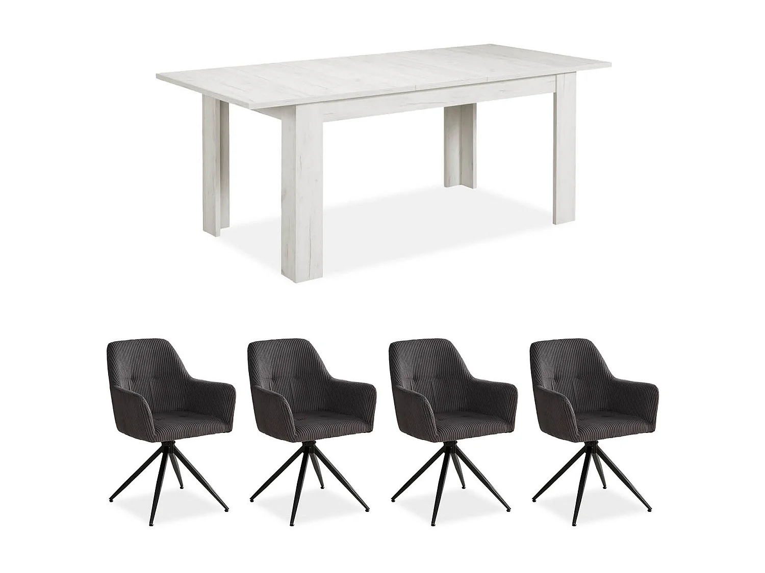 Table à manger 160x90x76 cm blanche avec 4 chaises grises