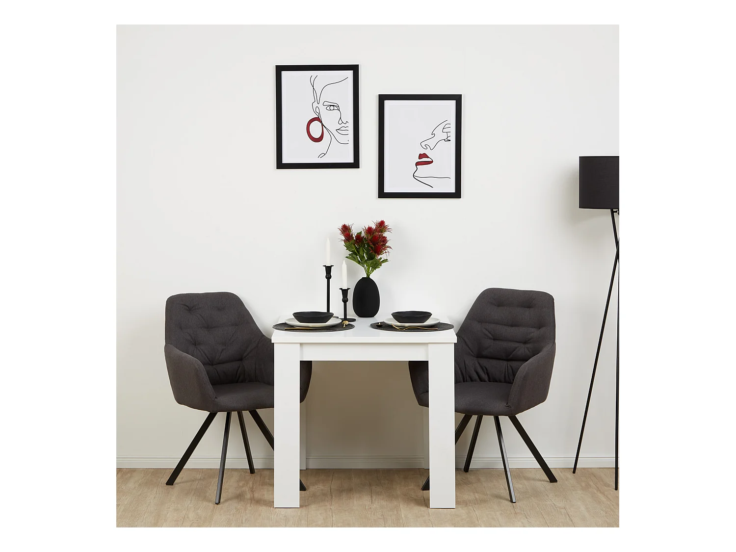 Table à manger 80x80x75 cm blanche avec 2 chaises anthracite