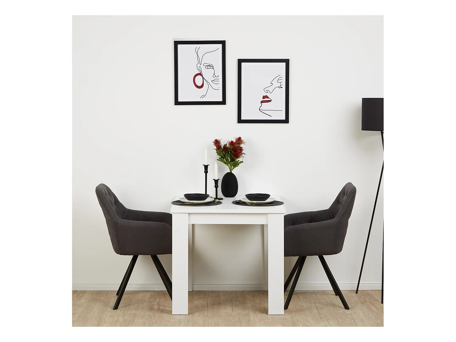 Table à manger 80x80x75 cm blanche avec 2 chaises anthracite