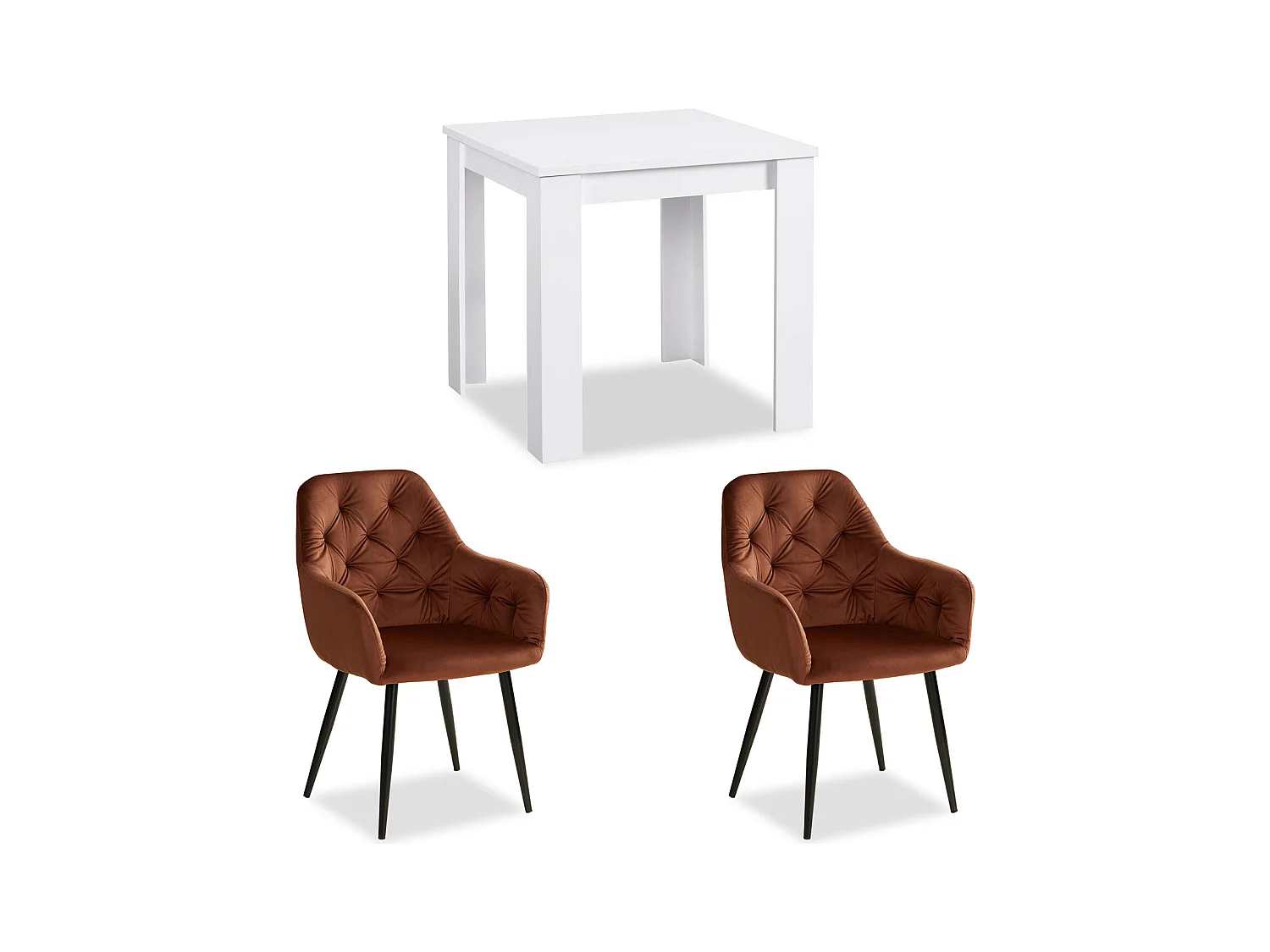 Table à Manger 80x80 cm blanche avec Chaises de Salle à Manger en Velours marron