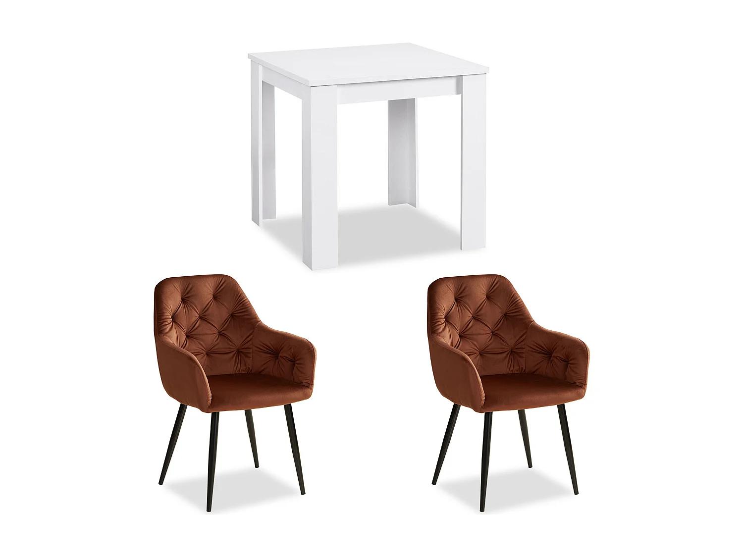 Mesa de Jantar 80x80 cm branca com Cadeiras de Jantar em Veludo castanho