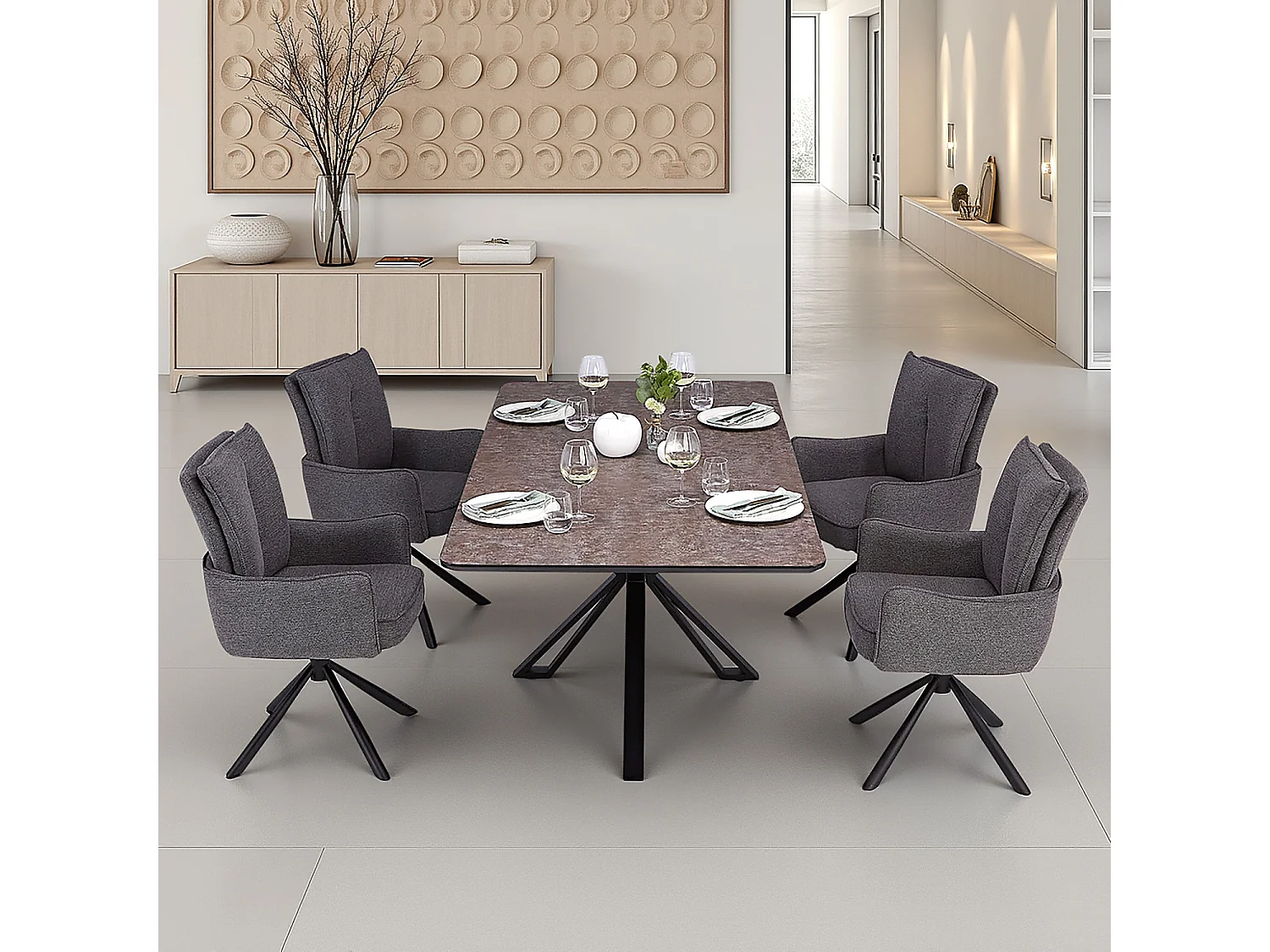 Zestaw stołowy 200x100 cm Brązowy Industrialny styl z 4 szarymi krzesłami tapicerowanymi