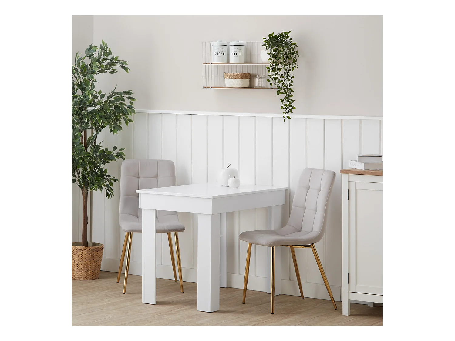 Esstisch 90x73x60 cm, weiße Creme Samtstühle