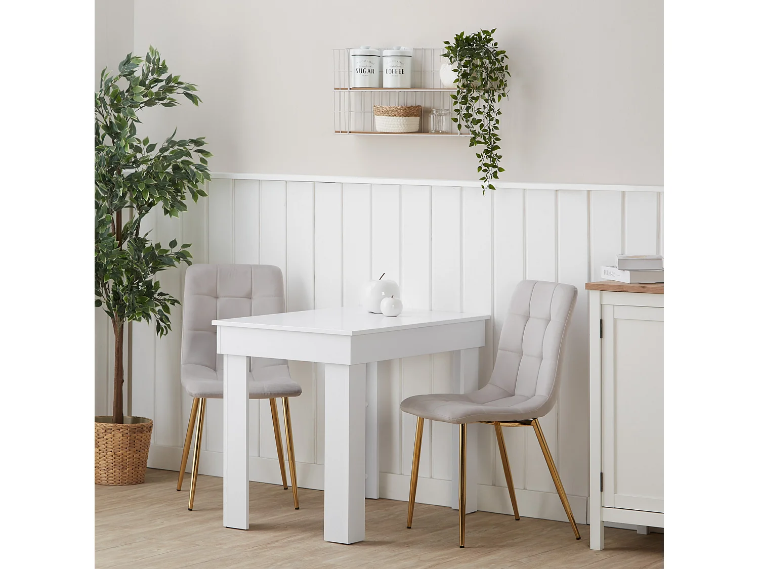 Table à manger 90x73x60 cm, chaises en velours crème blanc