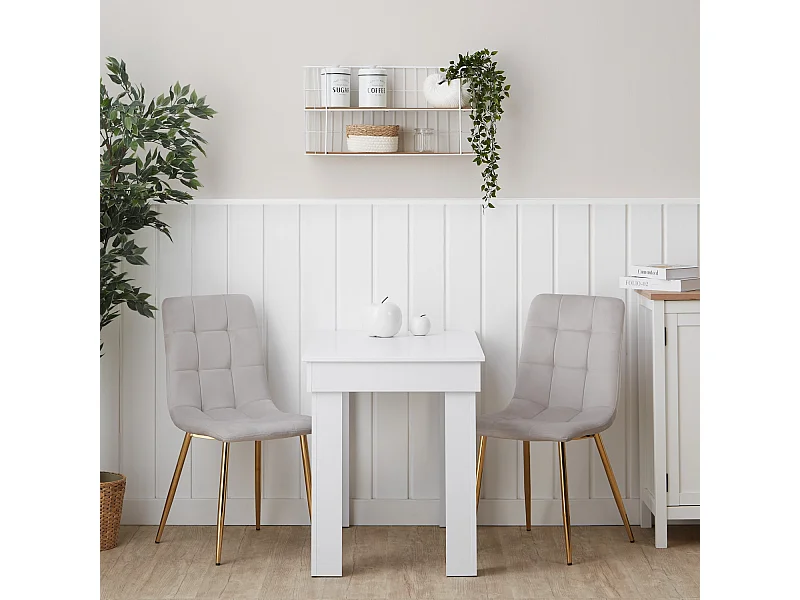 Table à manger 90x73x60 cm, chaises en velours crème blanc