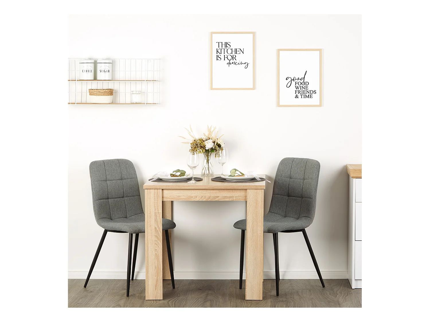 Table à manger 80x80x75 cm chêne sonoma naturel avec 2 chaises en lin gris