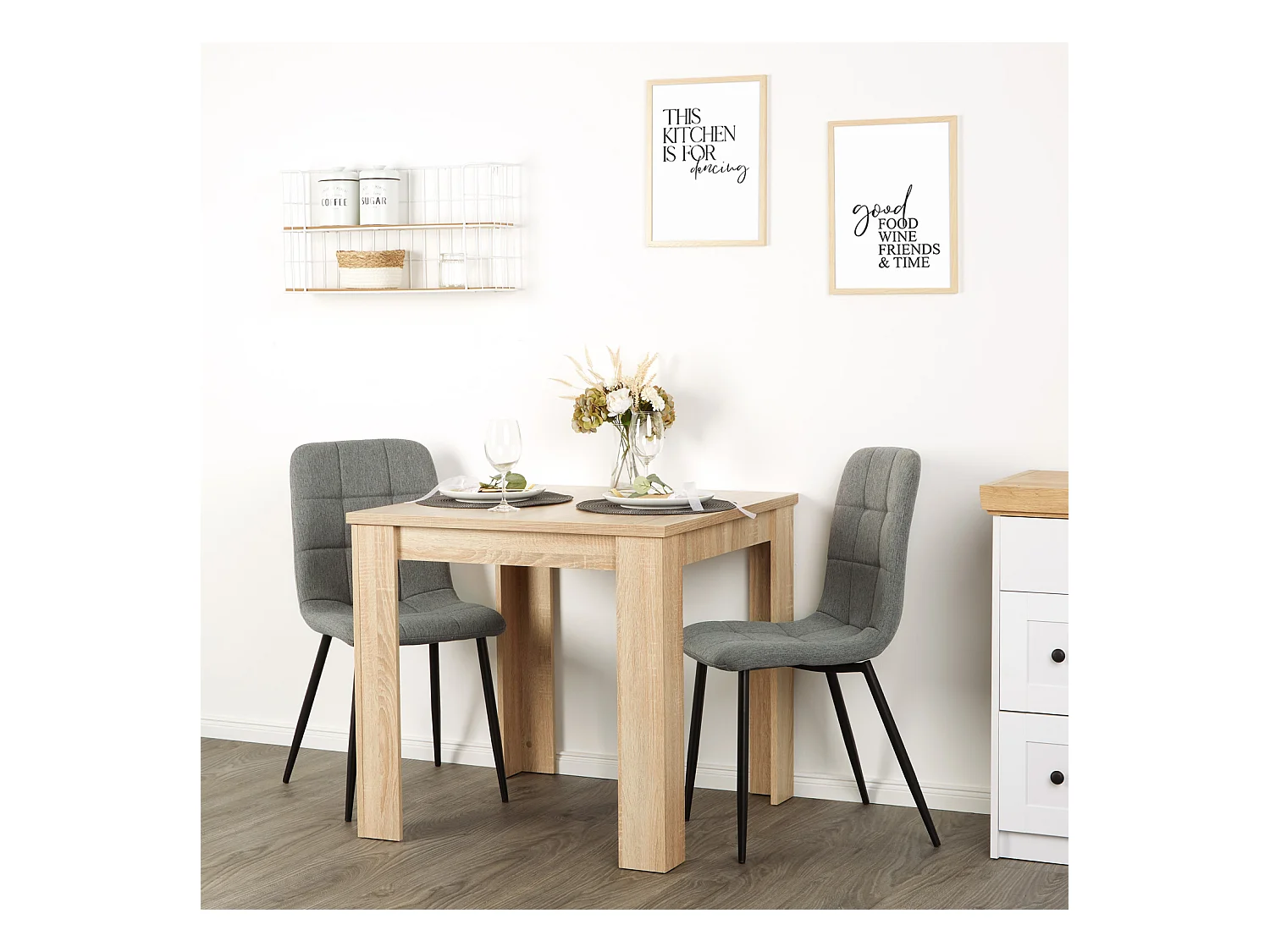 Table à manger 80x80x75 cm chêne sonoma naturel avec 2 chaises en lin gris