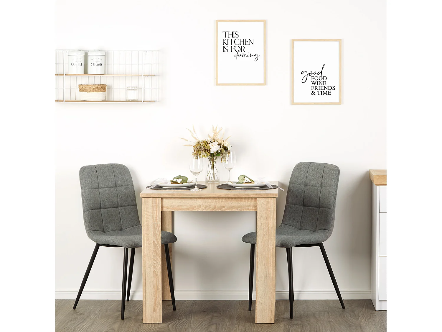 Mesa de jantar 80x80x75 cm carvalho sonoma natural com 2 cadeiras cinza em linho