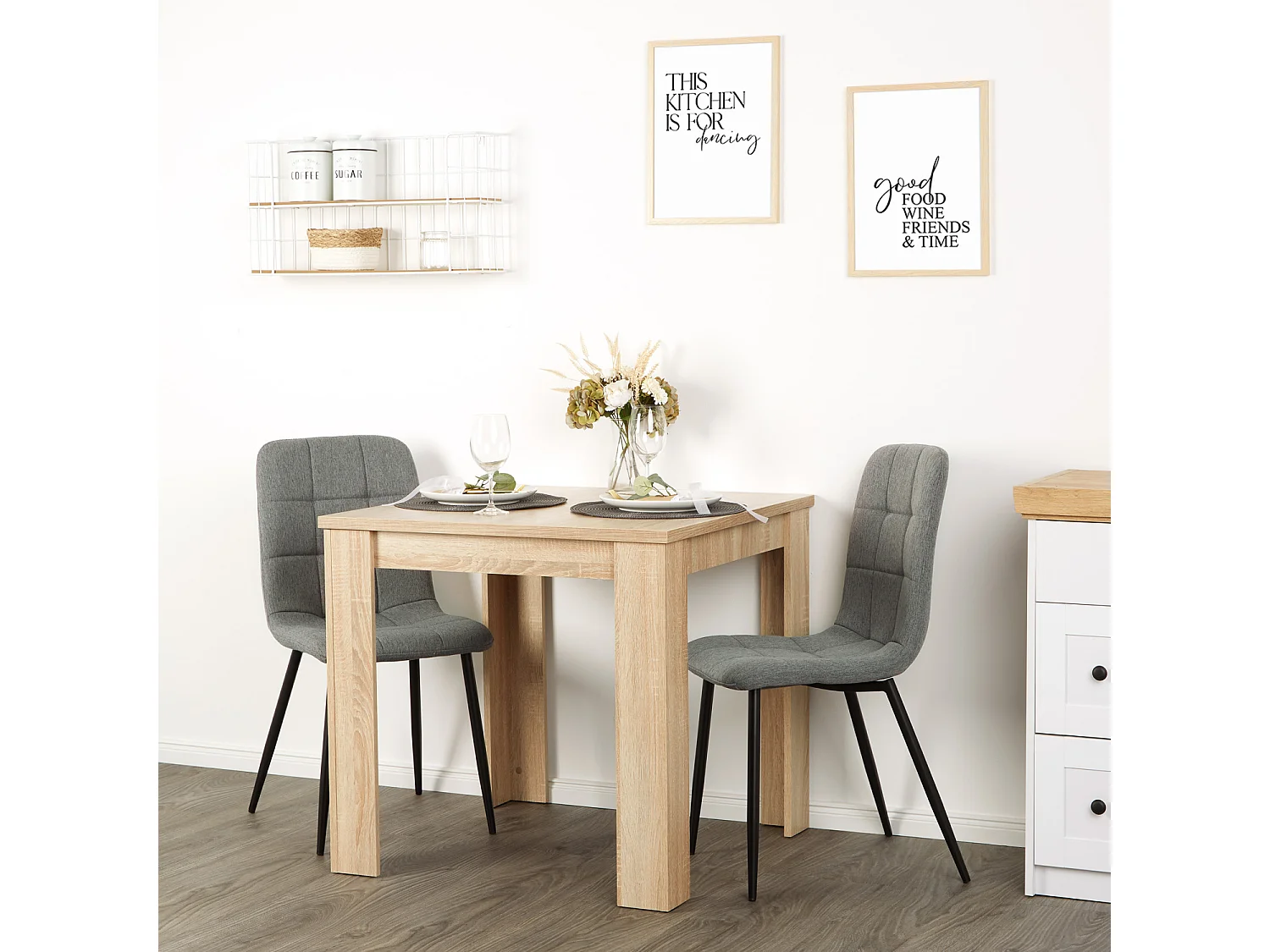 Mesa de jantar 80x80x75 cm carvalho sonoma natural com 2 cadeiras cinza em linho