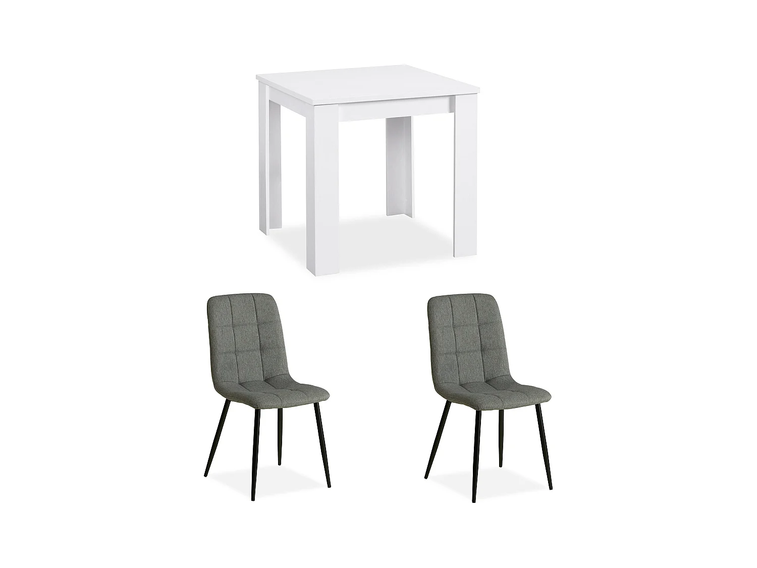 table à manger 80x80x75 cm blanche avec 2 chaises en lin gris