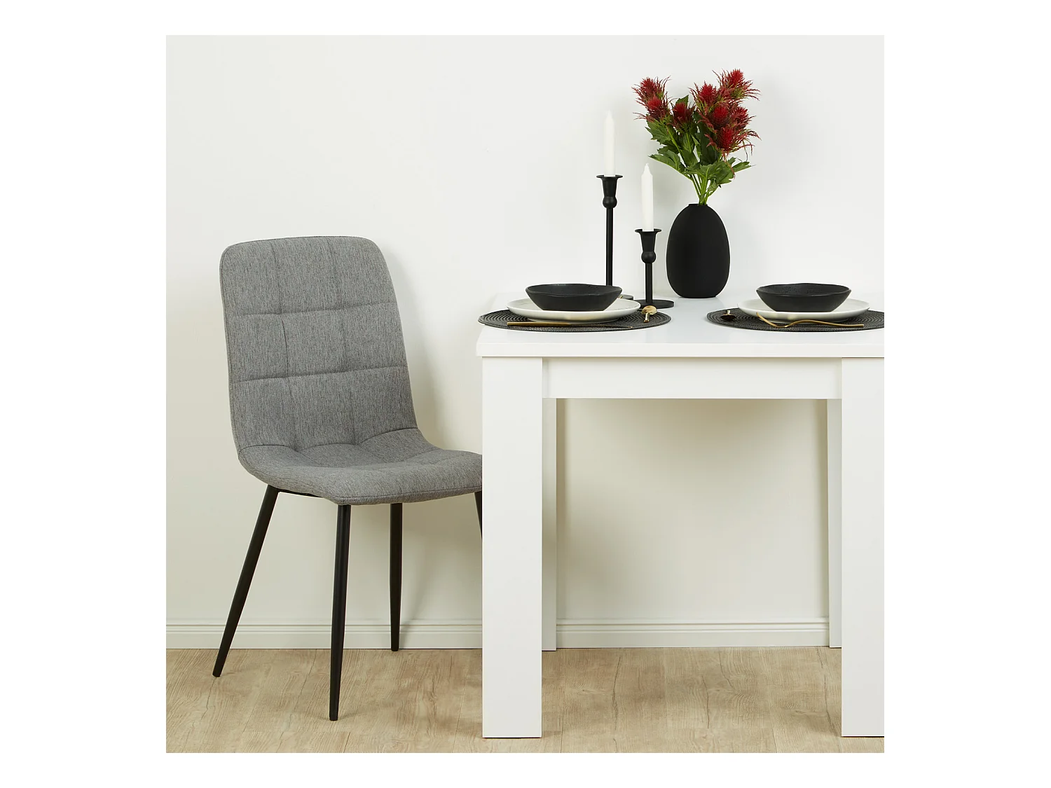 table à manger 80x80x75 cm blanche avec 2 chaises en lin gris