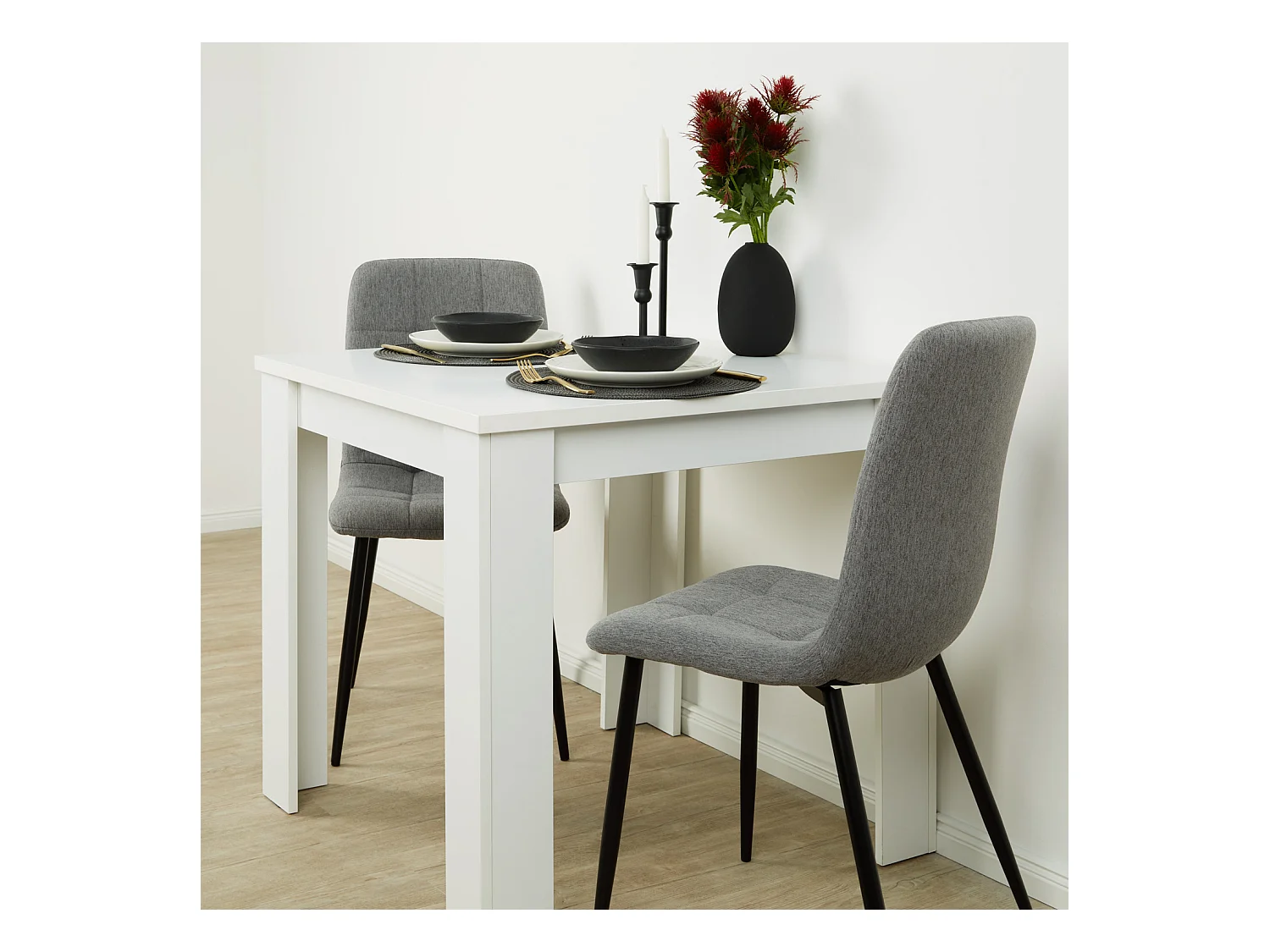 table à manger 80x80x75 cm blanche avec 2 chaises en lin gris