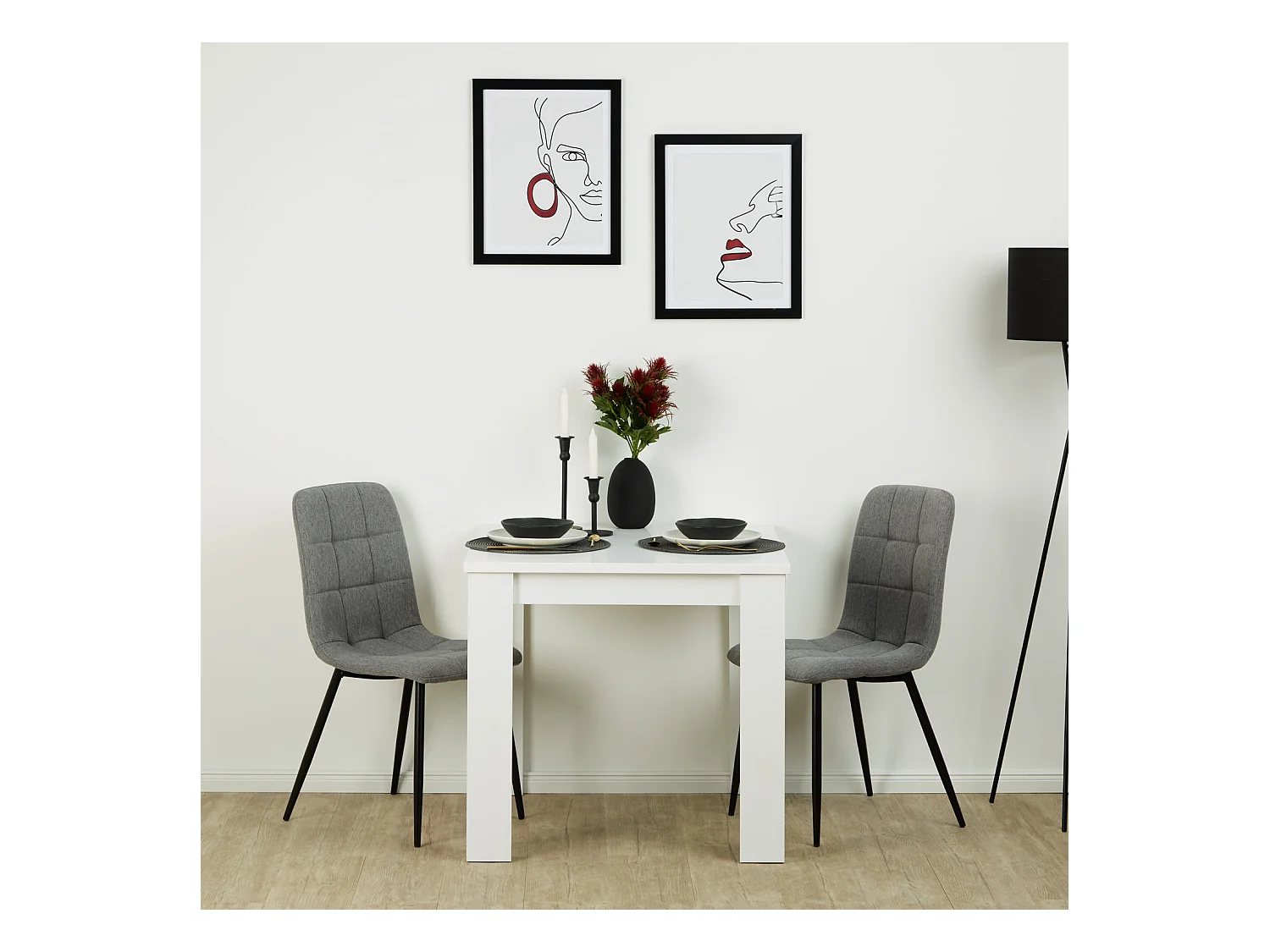 table à manger 80x80x75 cm blanche avec 2 chaises en lin gris
