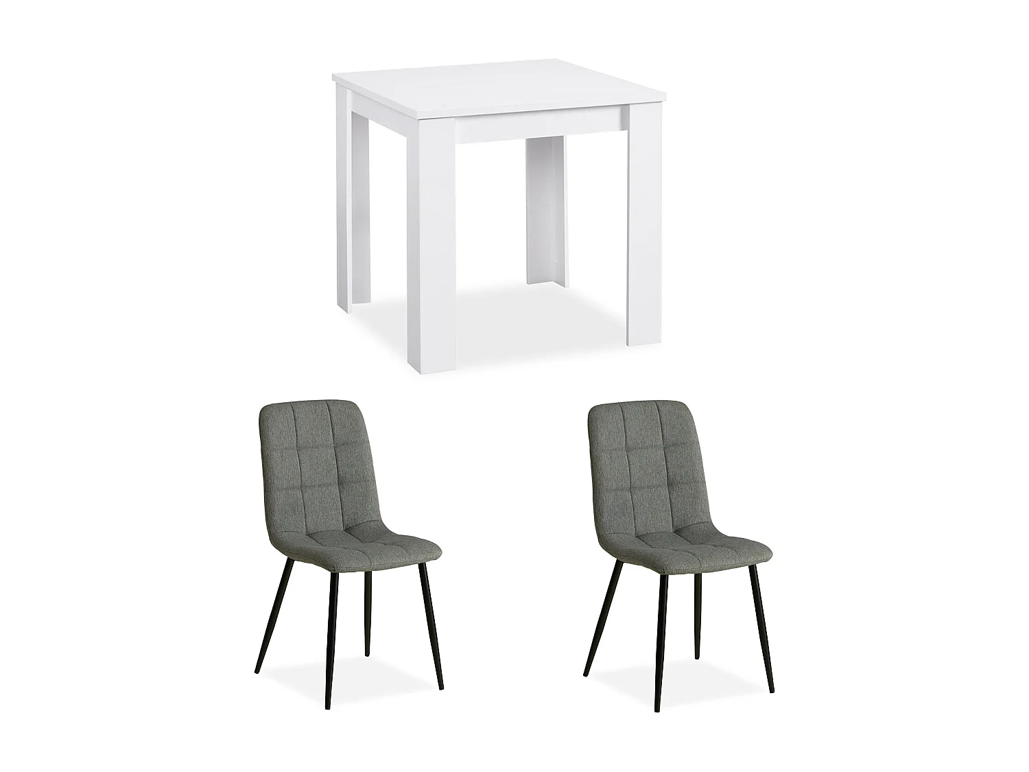 eettafel 80x80x75 cm wit met 2 grijze linnen stoelen