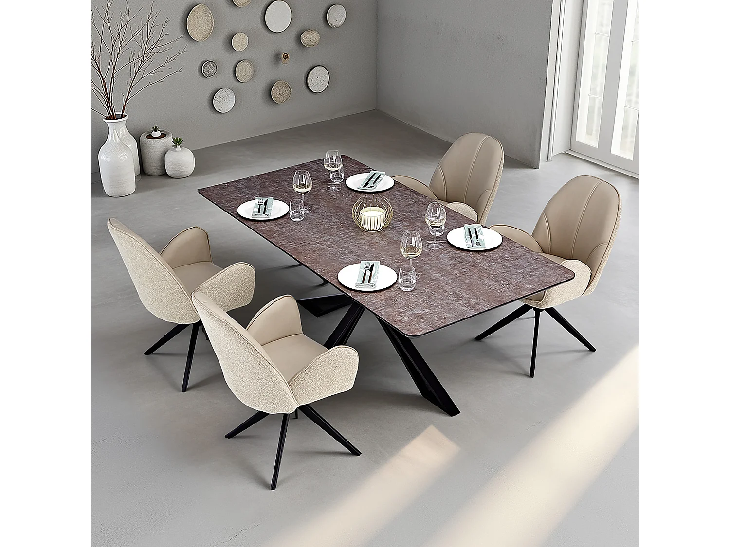 Table à Manger 200x100 cm Marron Noir Look Industriel avec 4 Chaises Beige