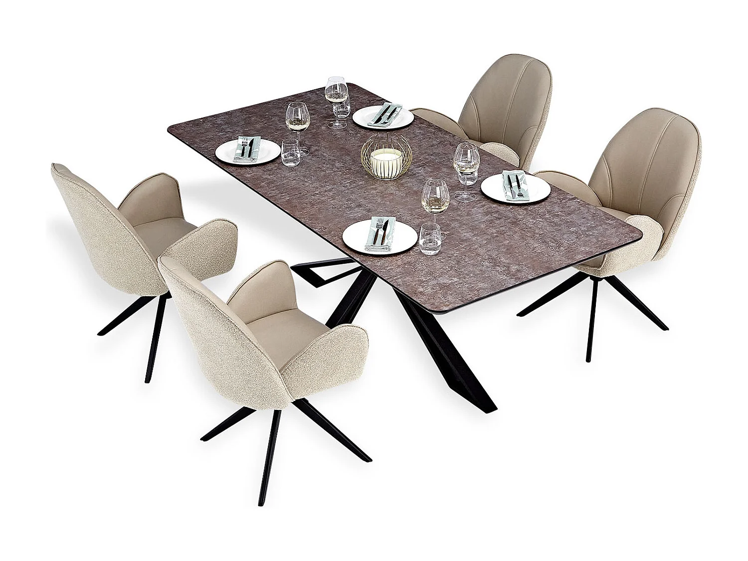 Table à Manger 200x100 cm Marron Noir Look Industriel avec 4 Chaises Beige