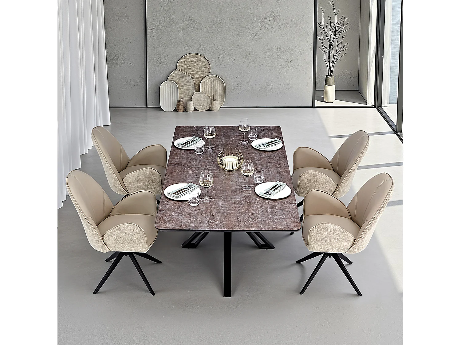 Table à Manger 200x100 cm Marron Noir Look Industriel avec 4 Chaises Beige