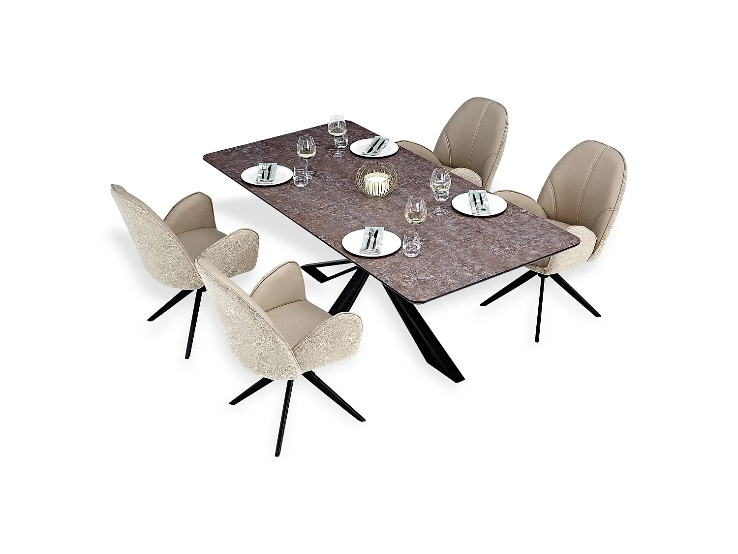 Table à Manger 200x100 cm Marron Noir Look Industriel avec 4 Chaises Beige