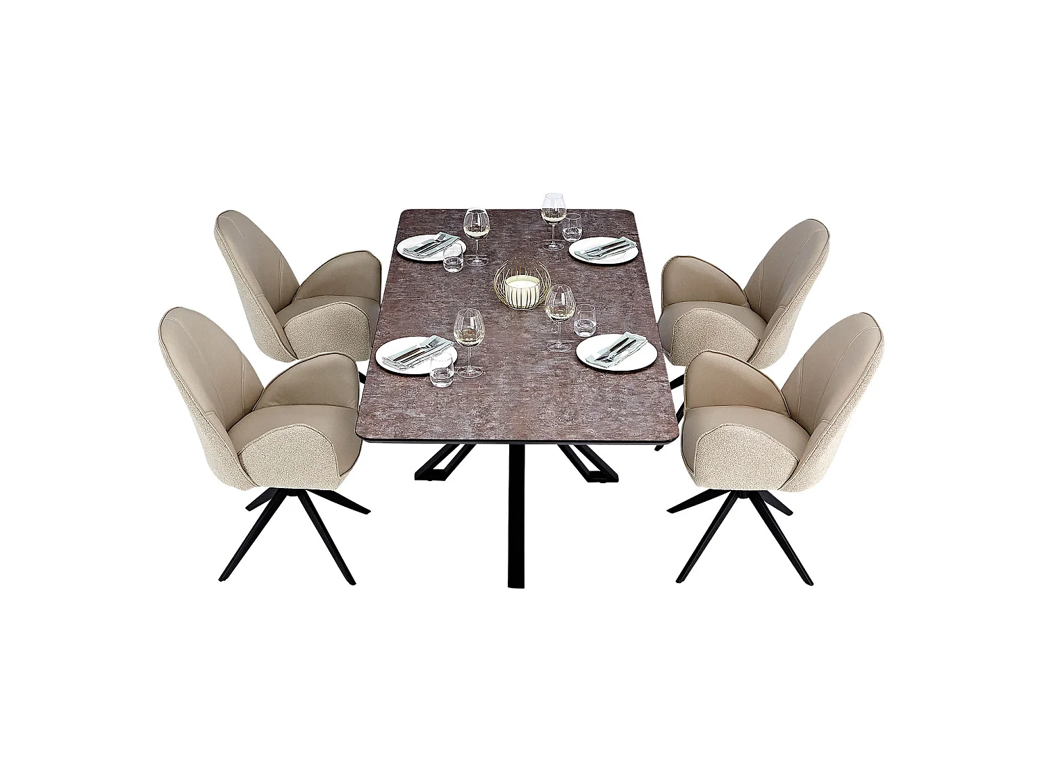 Table à Manger 200x100 cm Marron Noir Look Industriel avec 4 Chaises Beige