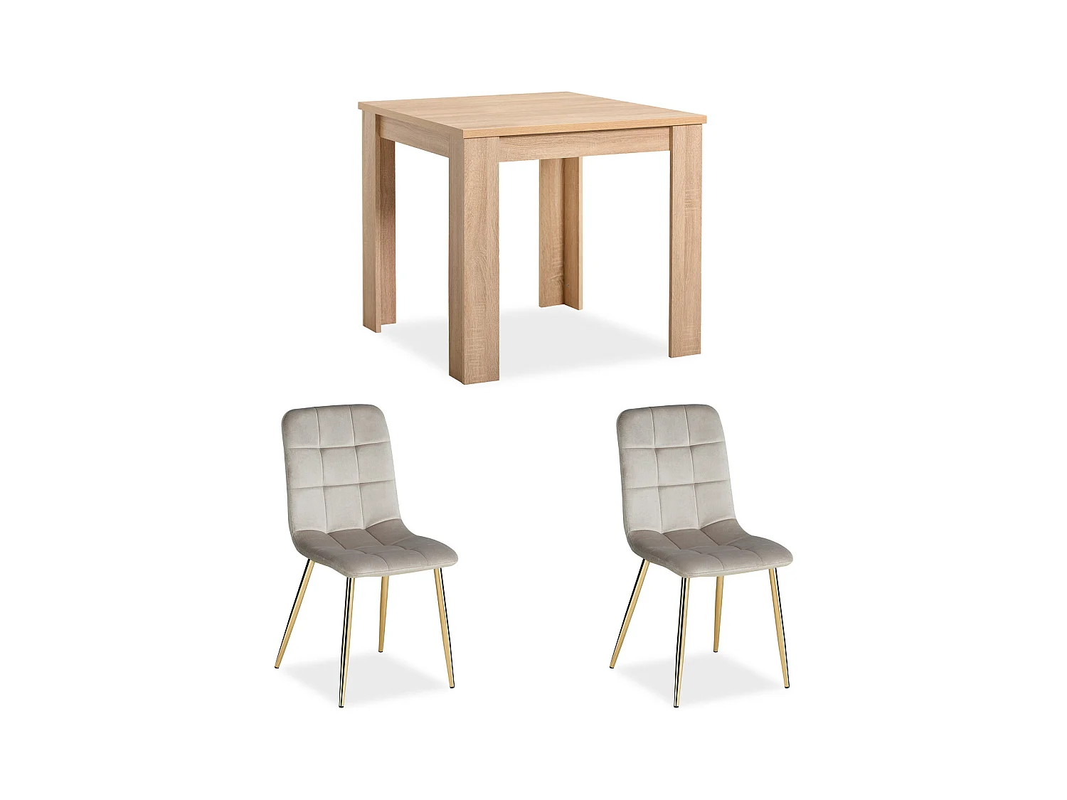 Table à manger 80x80x75 cm chêne sonoma naturel Table de salle à manger avec 2 chaises en velours crème