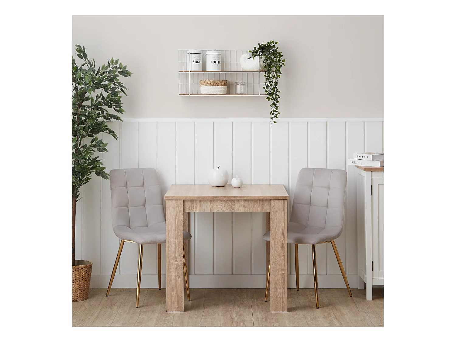 Table à manger 80x80x75 cm chêne sonoma naturel Table de salle à manger avec 2 chaises en velours crème