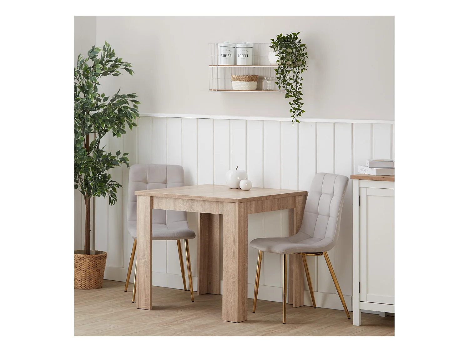 Table à manger 80x80x75 cm chêne sonoma naturel Table de salle à manger avec 2 chaises en velours crème