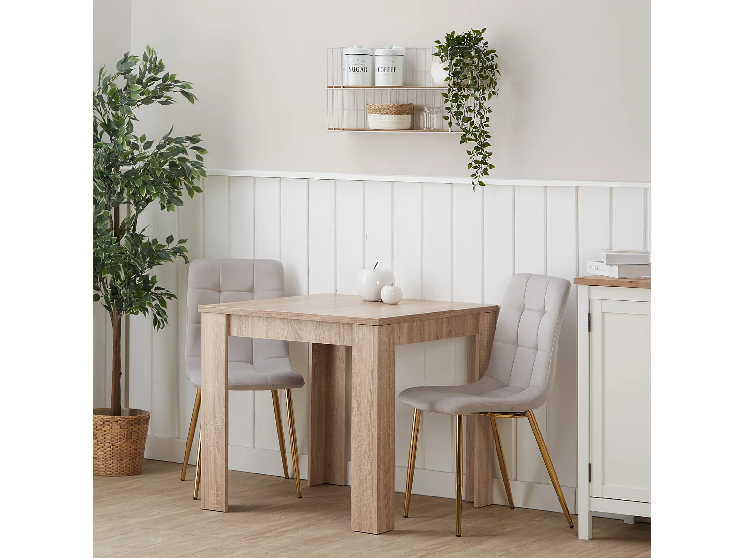 Table à manger 80x80x75 cm chêne sonoma naturel Table de salle à manger avec 2 chaises en velours crème