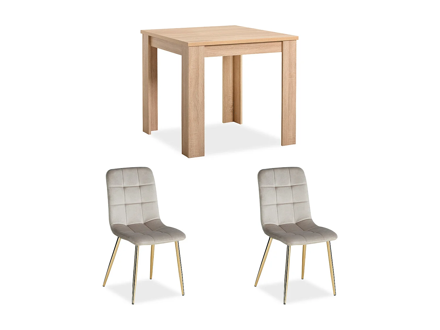 Table à manger 80x80x75 cm chêne sonoma naturel Table de salle à manger avec 2 chaises en velours crème