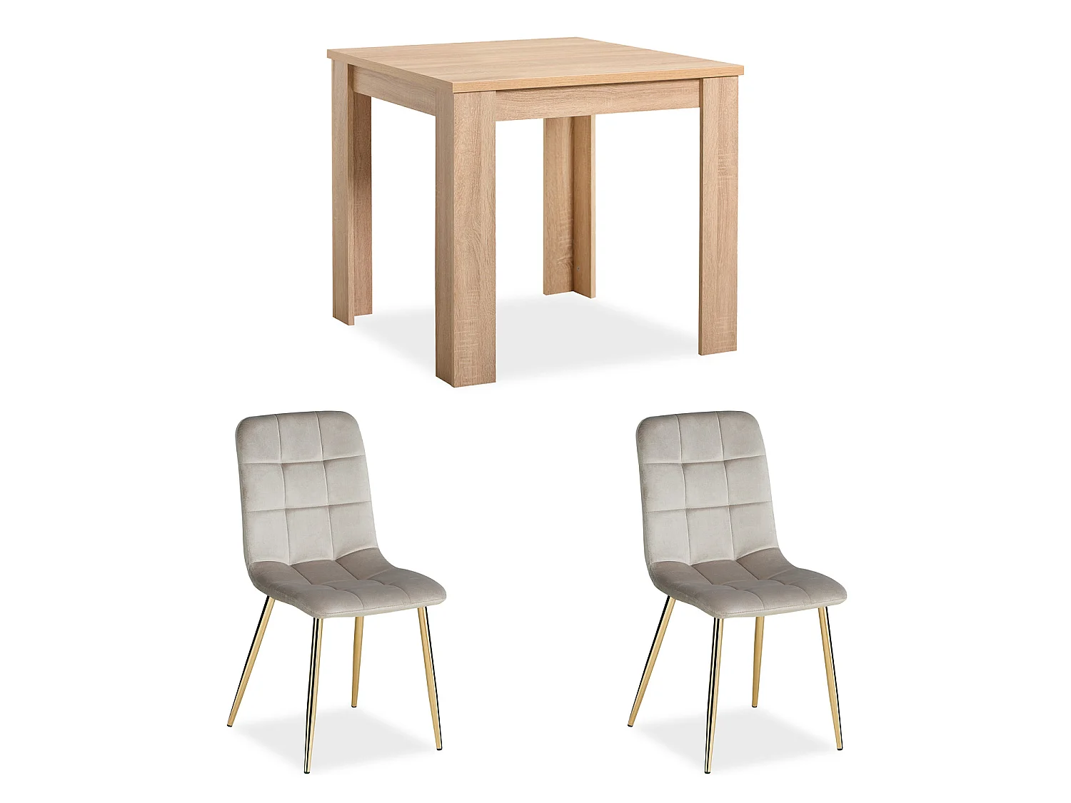 Table à manger 80x80x75 cm chêne sonoma naturel Table de salle à manger avec 2 chaises en velours crème