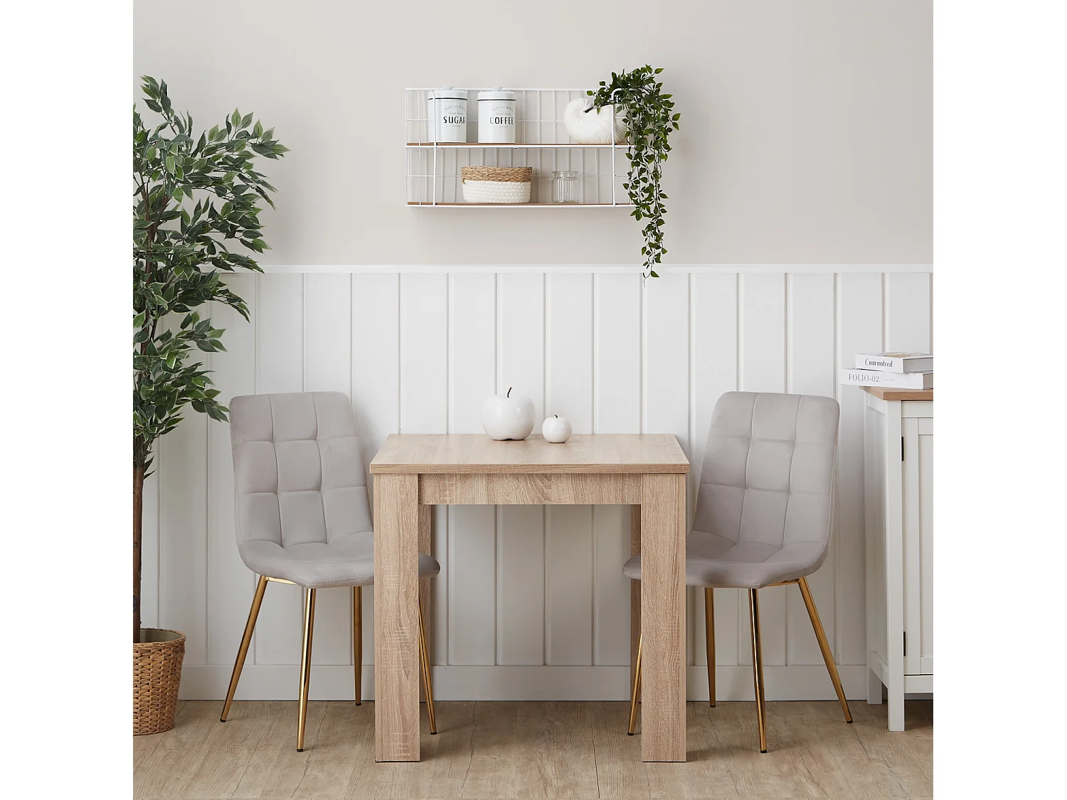 Table à manger 80x80x75 cm chêne sonoma naturel Table de salle à manger avec 2 chaises en velours crème