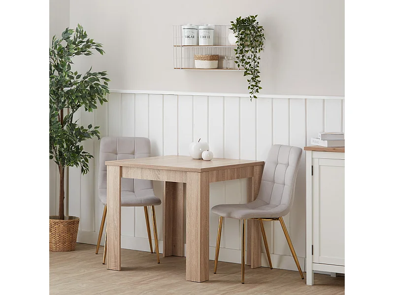 Table à manger 80x80x75 cm chêne sonoma naturel Table de salle à manger avec 2 chaises en velours crème