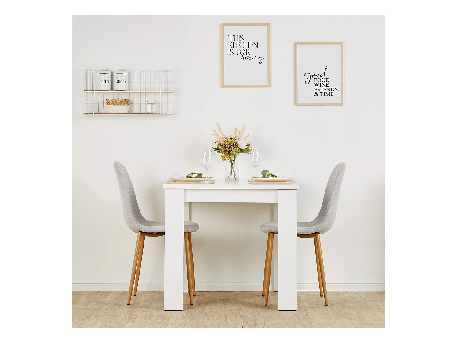 Esstisch 80x80x75 cm weiß mit 2 Stühlen grau