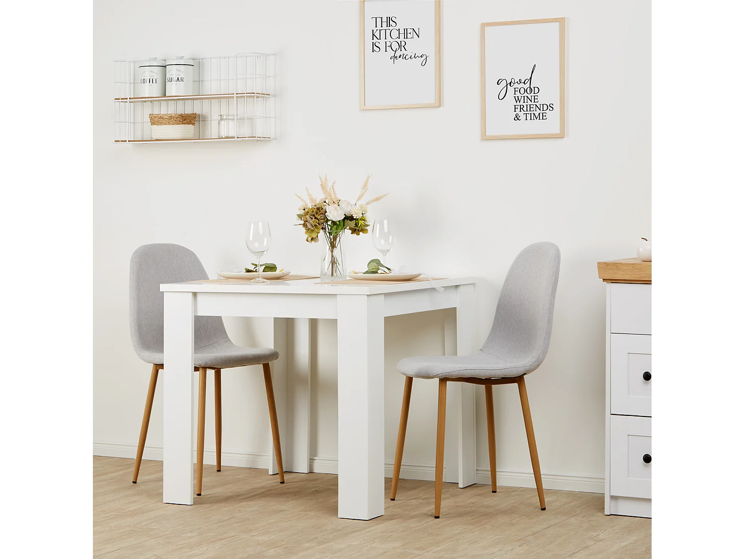 Table à manger 80x80x75 cm blanche avec 2 chaises grises