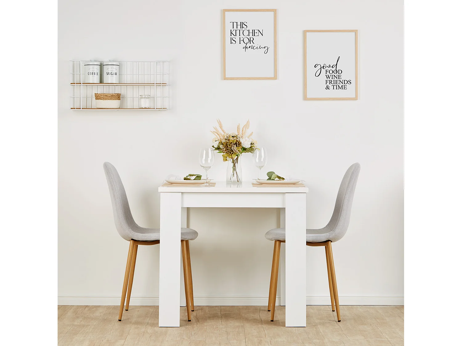 Table à manger 80x80x75 cm blanche avec 2 chaises grises