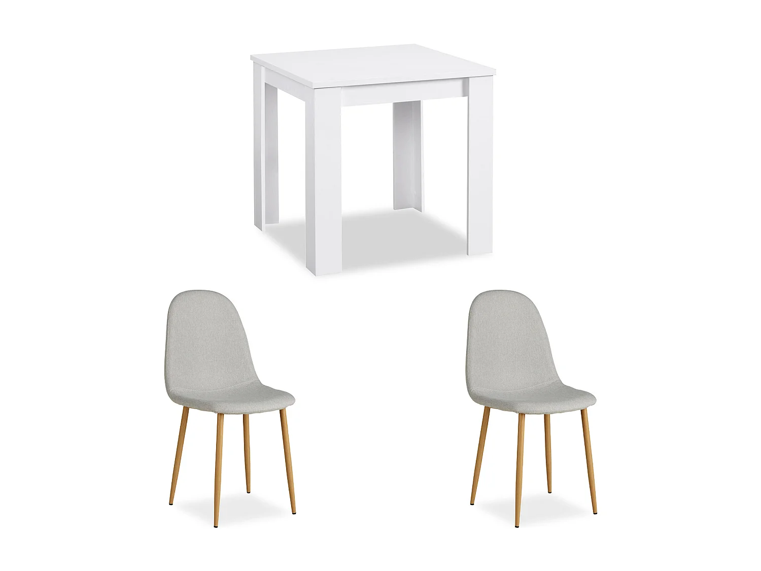 Table à manger 80x80x75 cm blanche avec 2 chaises grises