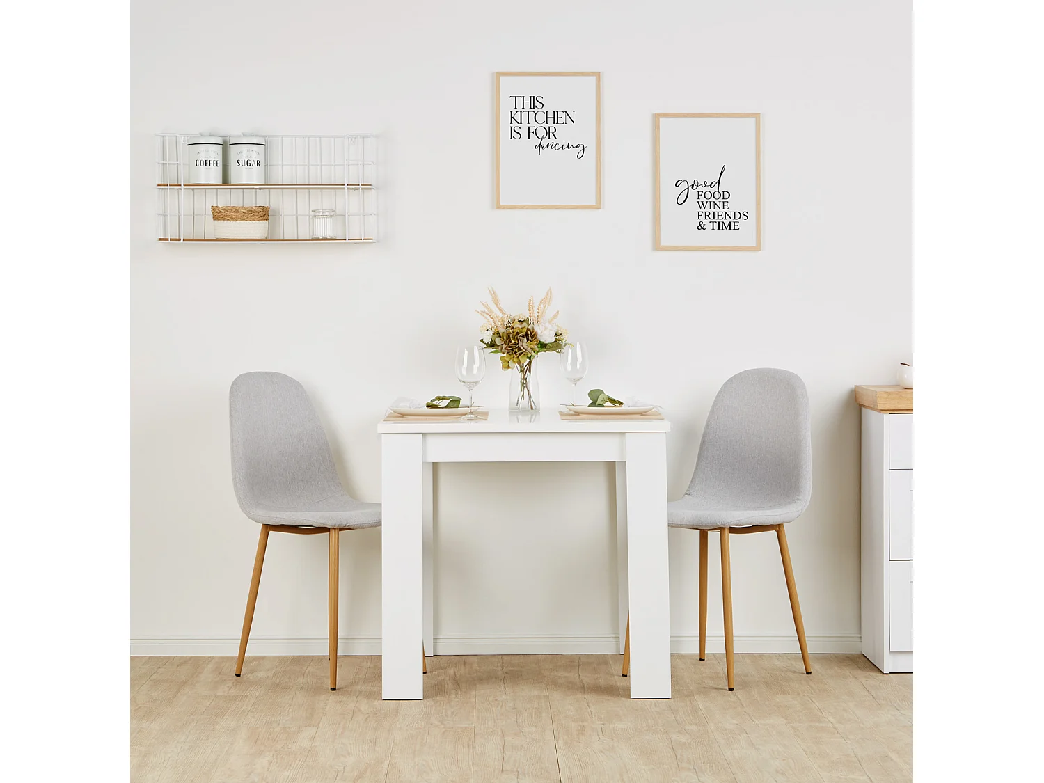 Table à manger 80x80x75 cm blanche avec 2 chaises grises