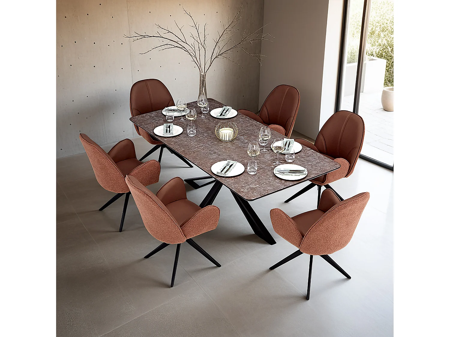 Mesa de comedor 200x100 cm marrón negro con 6 sillas de cuero estilo industrial