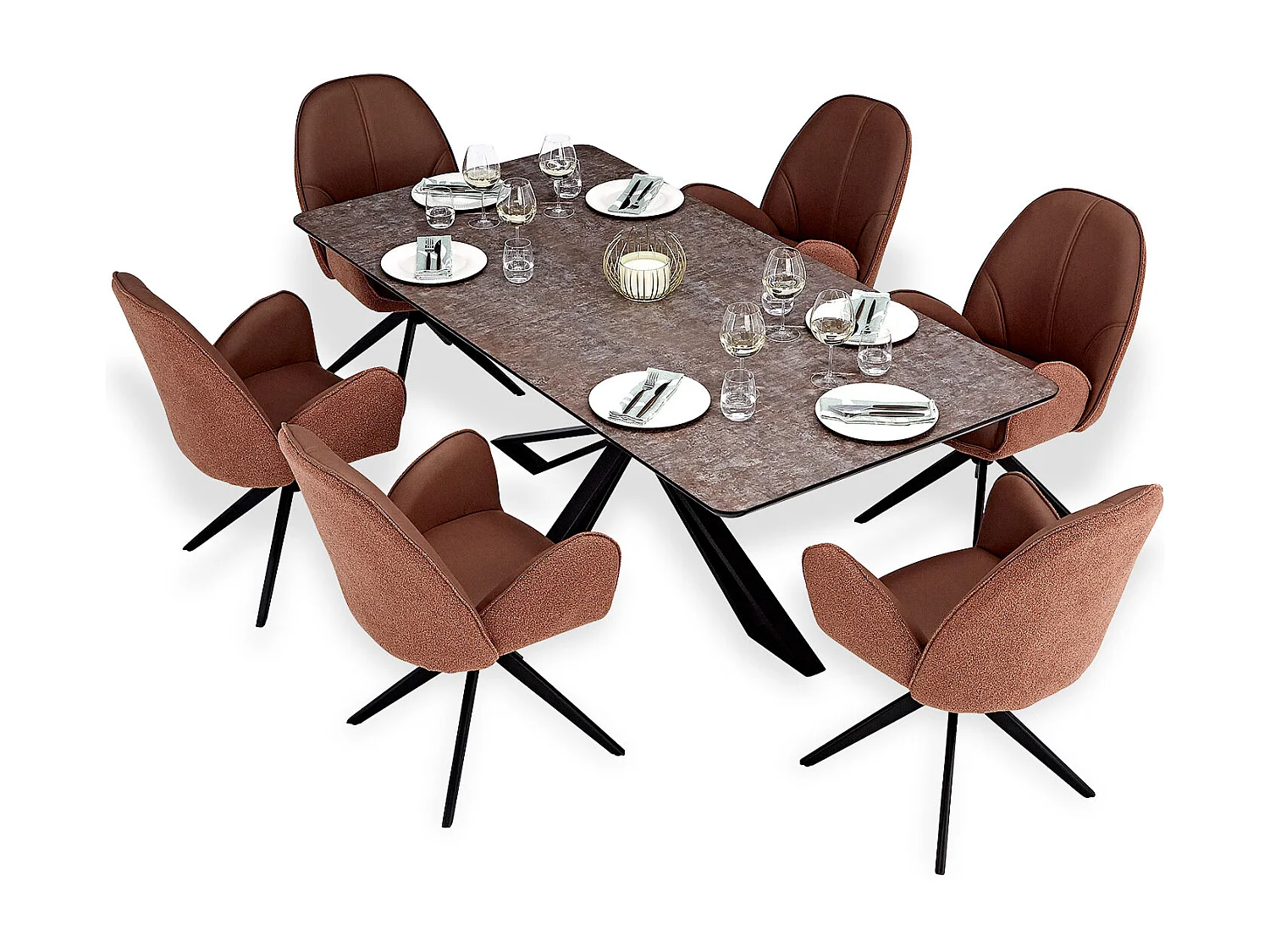 Mesa de comedor 200x100 cm marrón negro con 6 sillas de cuero estilo industrial