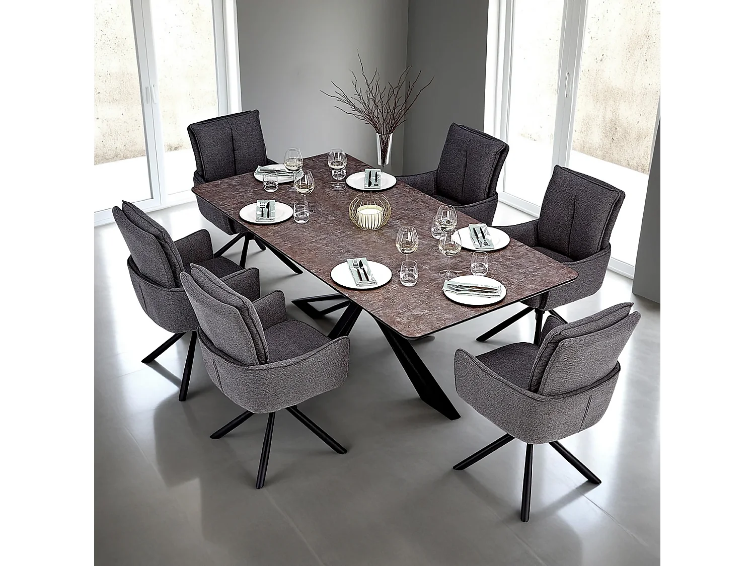 Stół jadalniany 200x100 cm brązowy nowoczesny stół do jadalni dla 8 osób industrialny styl z 6 ciemnoszarymi krzesłami tapicerowanymi