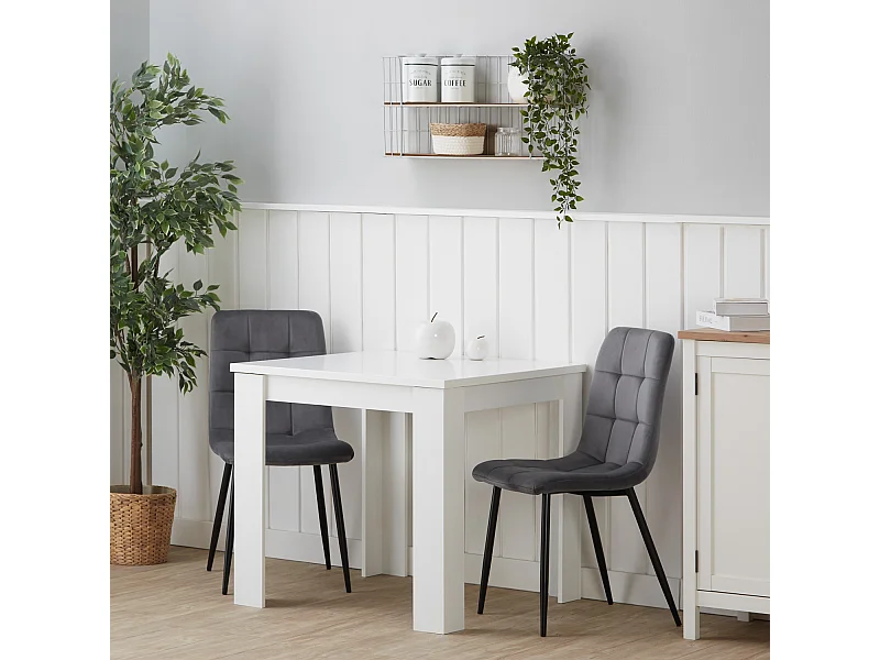 Eettafel 80x80x75 cm wit met 2 stoelen grijs fluweel