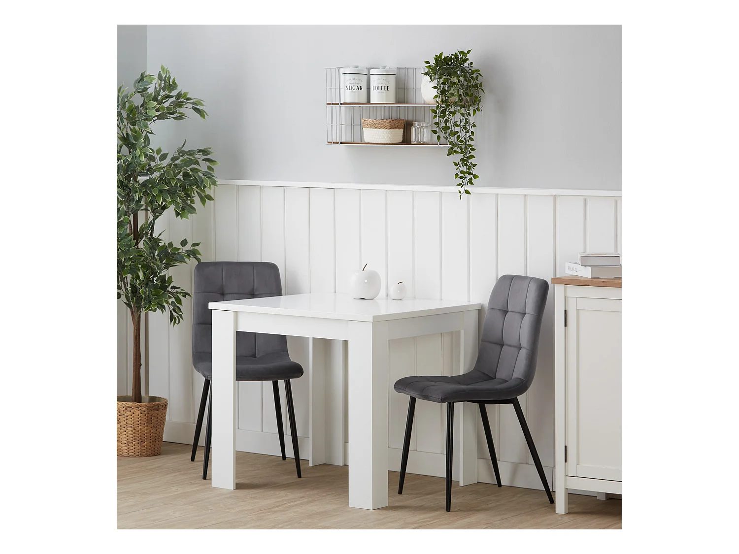 Table à manger 80x80x75 cm blanche avec 2 chaises en velours gris