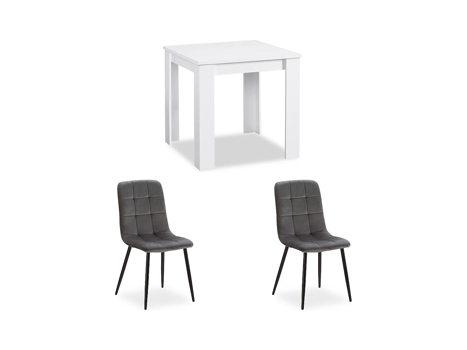Table à manger 80x80x75 cm blanche avec 2 chaises en velours gris