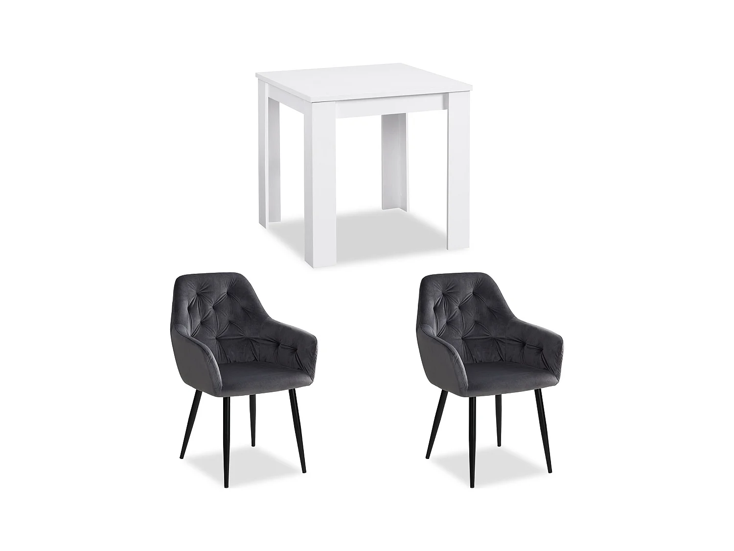 Table à manger 80x80x75 cm blanche avec 2 chaises œuf en velours gris