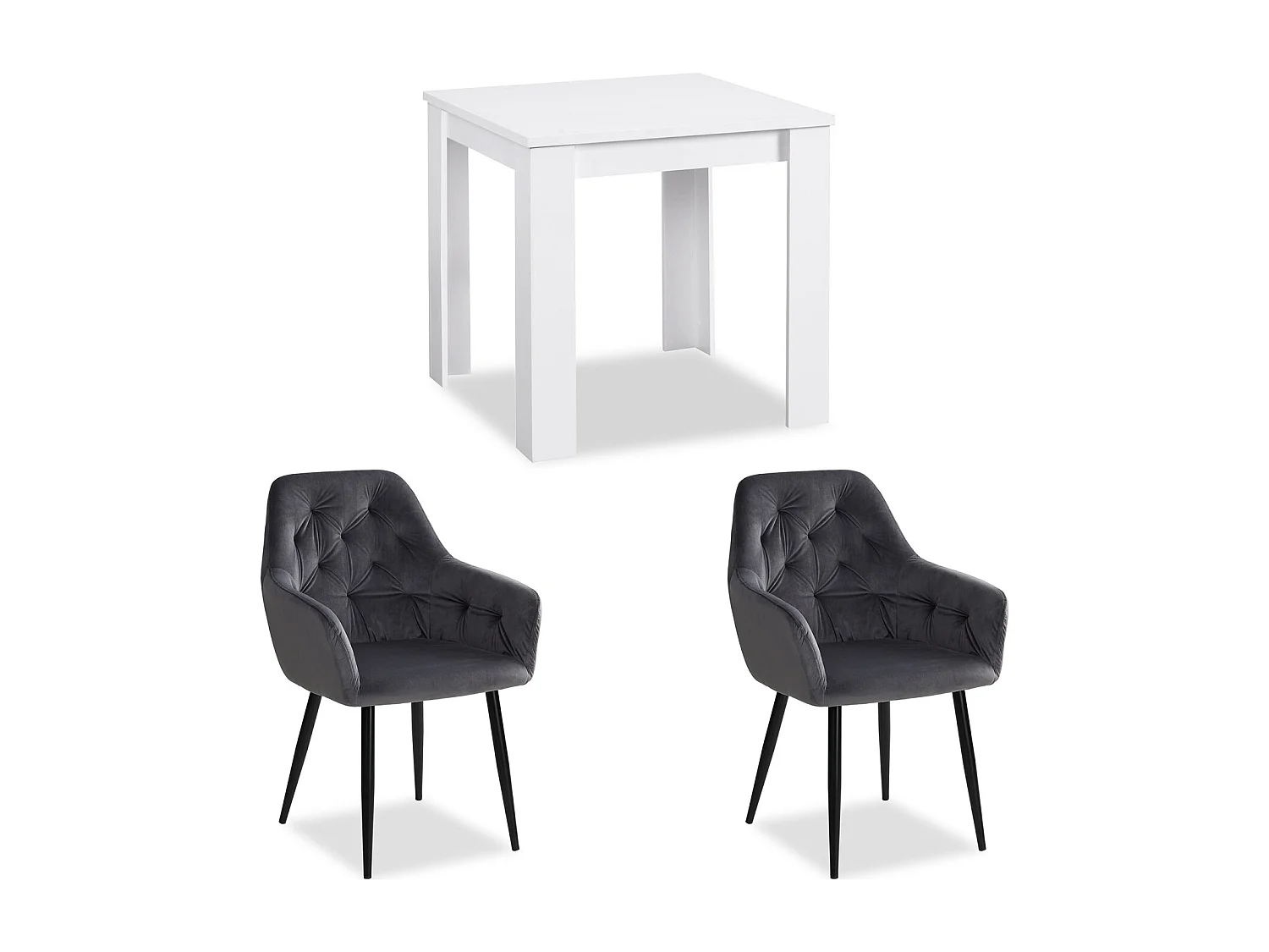 Eettafel 80x80x75 cm wit met 2 grijze fluwelen ei-stoelen