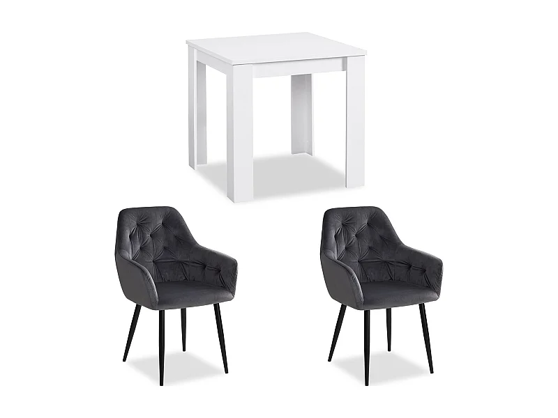 Table à manger 80x80x75 cm blanche avec 2 chaises œuf en velours gris