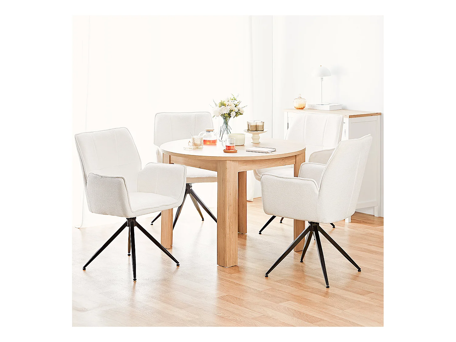 Table à Manger Ø 106 cm Naturelle Table de Cuisine Moderne Table Ronde en Bois Chêne 4 Places