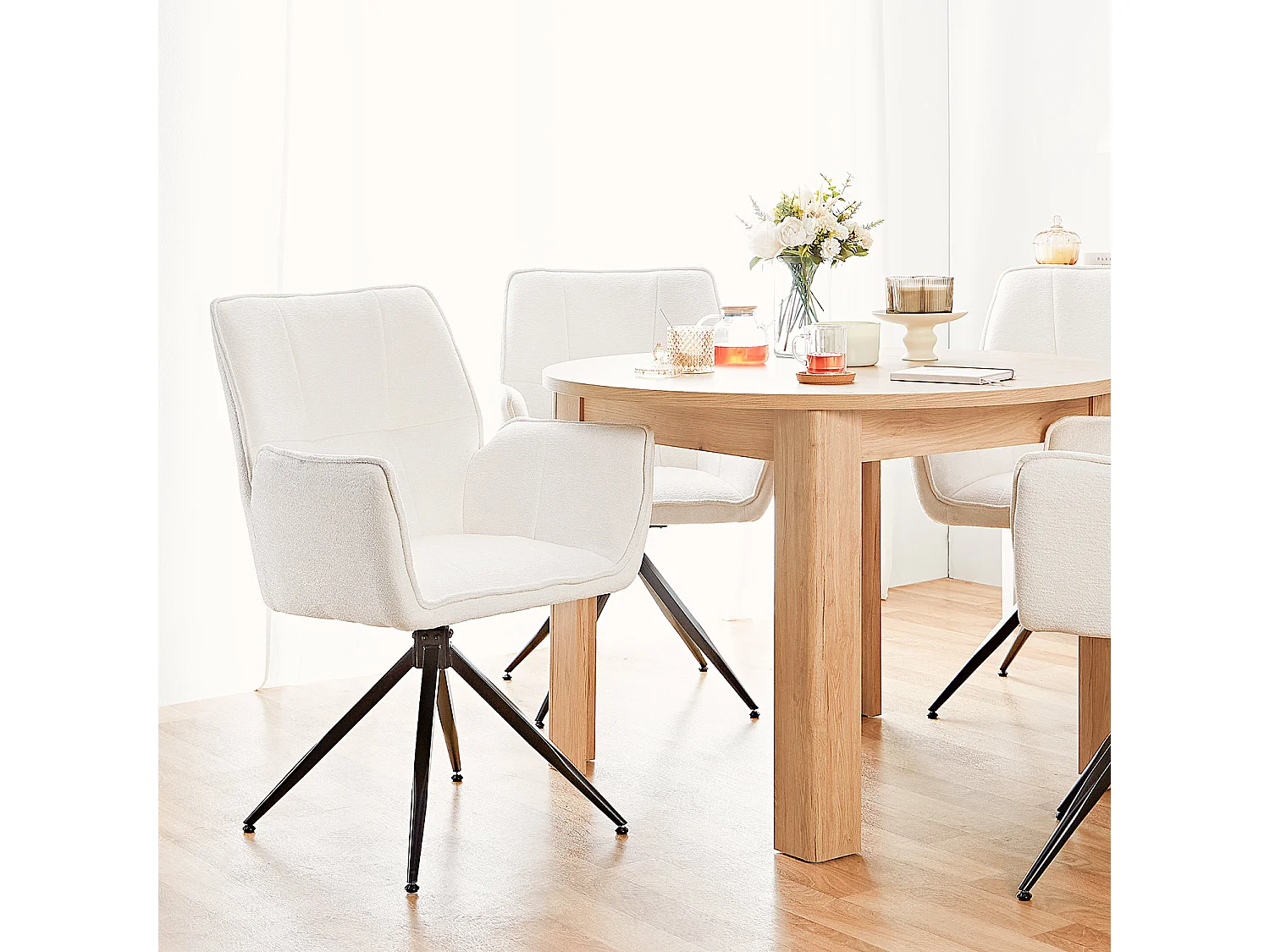 Table à Manger Ø 106 cm Naturelle Table de Cuisine Moderne Table Ronde en Bois Chêne 4 Places