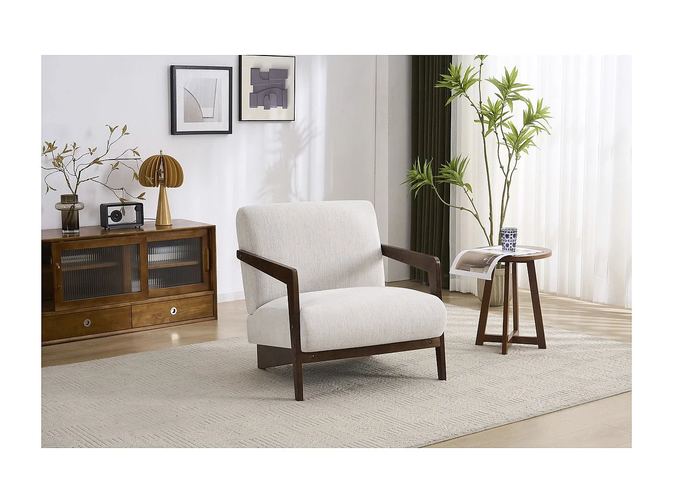 Fauteuil intérieur scandinave en bois et tissu "Lena" - Beige